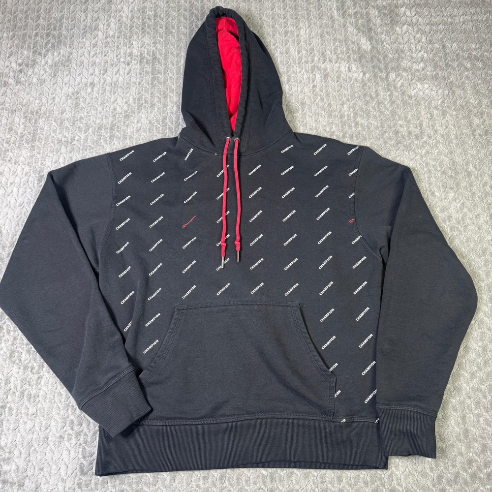 Champion Mens All Over Print Logo Hoodie Black Red Pullover Sweatshirt Medium